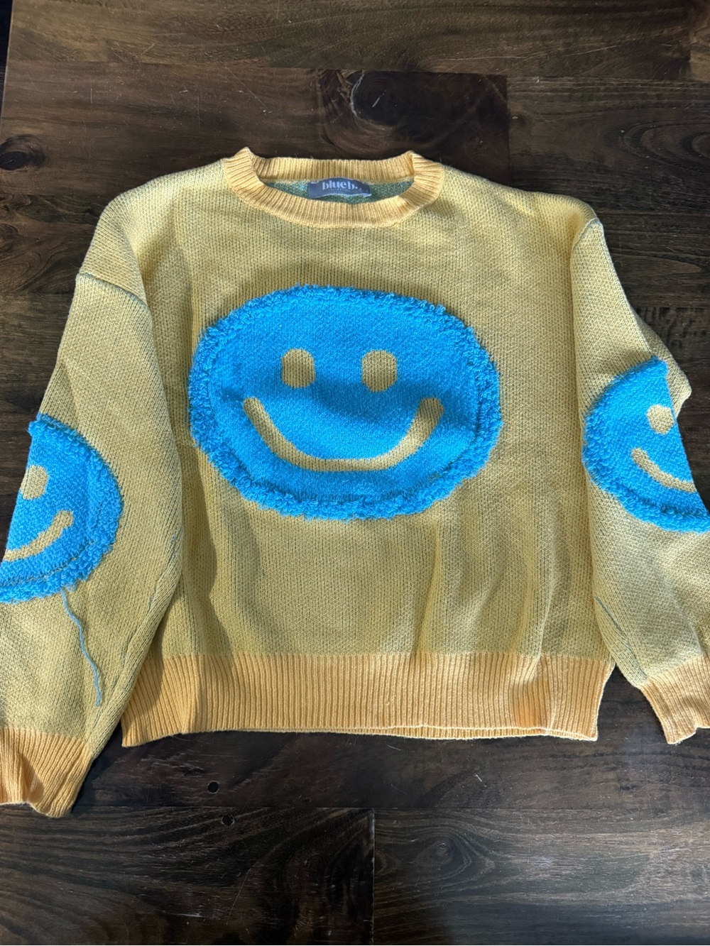 Bright Yellow Crewneck Sweater with Blue Smiley Motif - Women